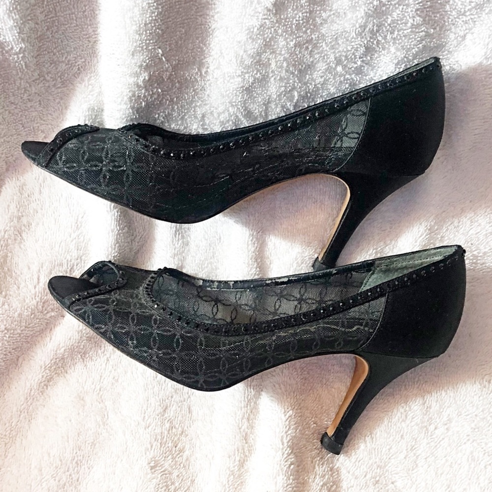 NINA Open Toe - Leather Sole Black Lace Shoes